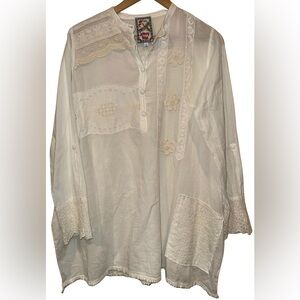 Johnny Was 100% Natural Cotton Kit Patchwork Tunic Eyelet Lace Embroidery Sz XS